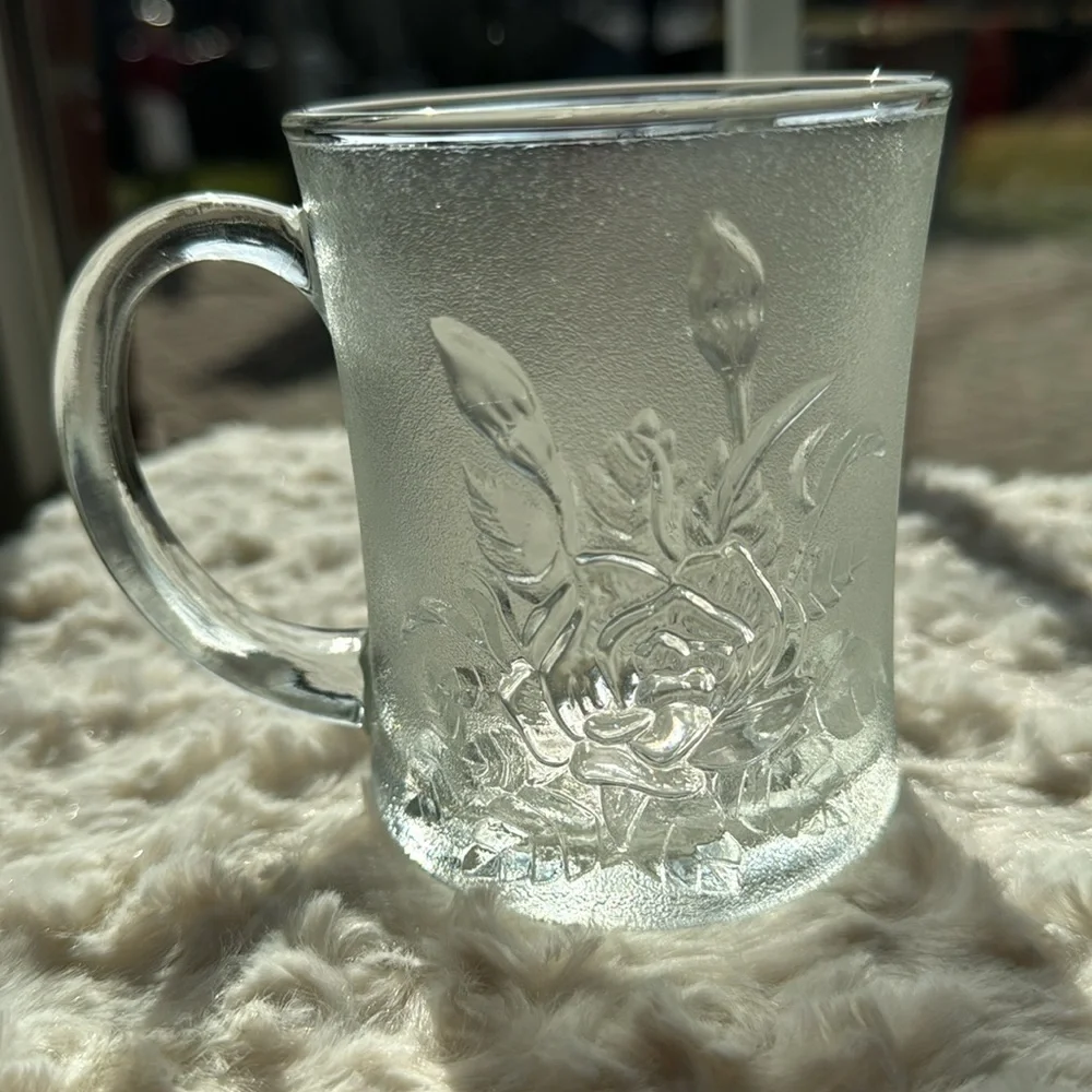 SET OF 4~VINTAGE PASARI LIVIA~ROSE~PRESSED~FROSTED GLASS CUPS/MUGS~VERY NICE~UTC
